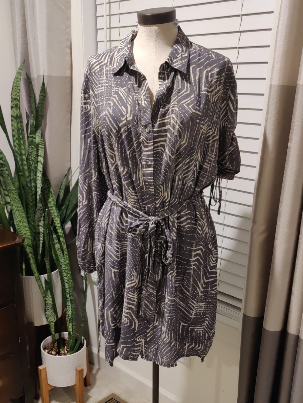 lovestitch Charcoal & Cream Patterned Long/Short Sleeve Shirt Dress Waist Tie Y2